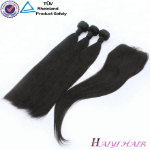 Alibaba Gros Remy Malaisie Cheveux Naturel Noir Soie Droite 3 Bundles Cheveux Avec Dentelle Fermeture